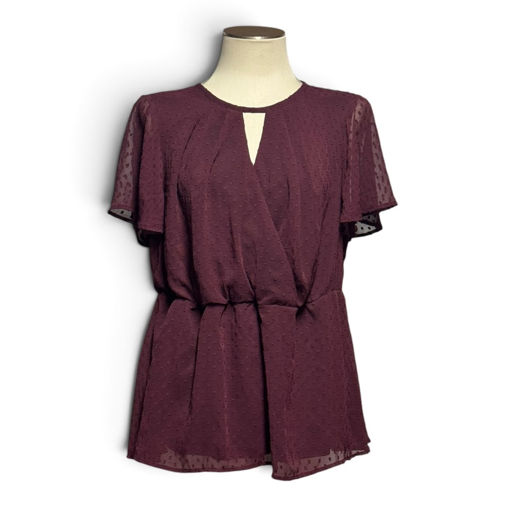 Lane Bryant Flutter Sleeve Layered Peplum Top Burgundy 14